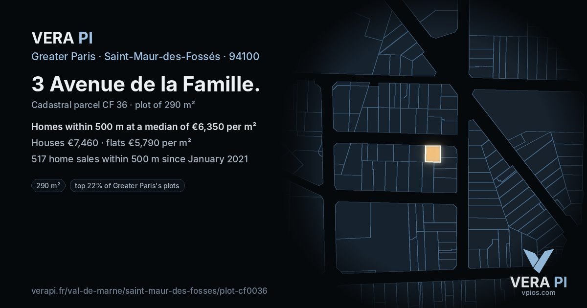 3 Avenue de la Famille, Saint-Maur-des-Fossés at night – the plot lit, the parcels around coloured by the prices near them