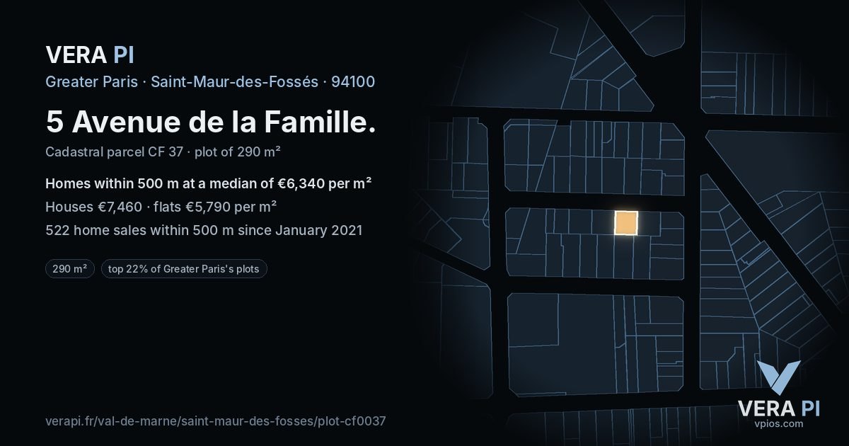 5 Avenue de la Famille, Saint-Maur-des-Fossés at night – the plot lit, the parcels around coloured by the prices near them