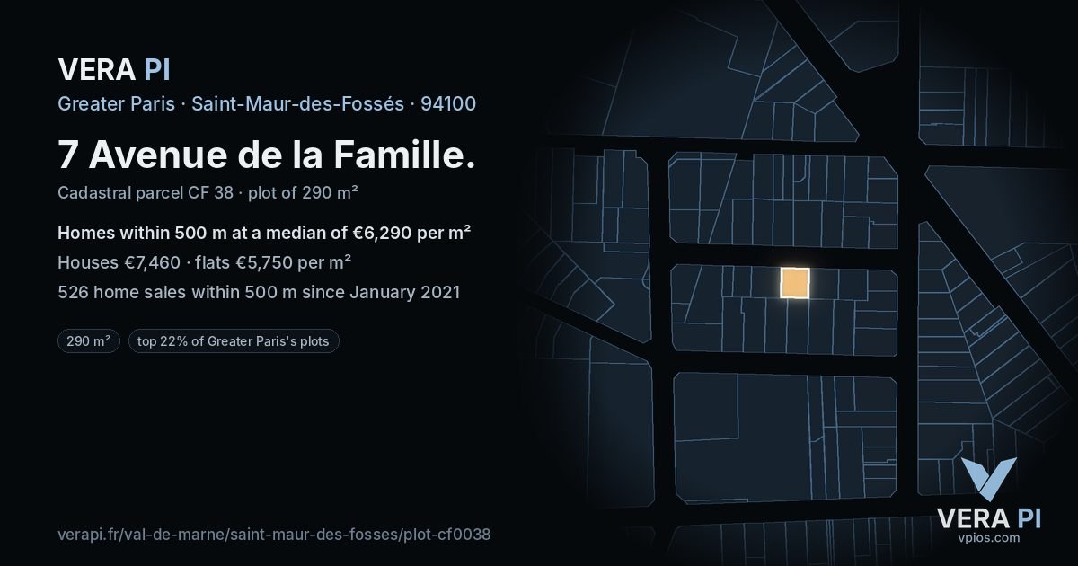 7 Avenue de la Famille, Saint-Maur-des-Fossés at night – the plot lit, the parcels around coloured by the prices near them