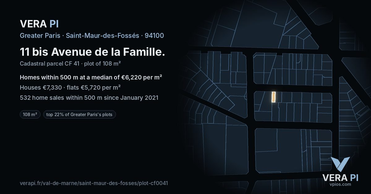 11 bis Avenue de la Famille, Saint-Maur-des-Fossés at night – the plot lit, the parcels around coloured by the prices near them