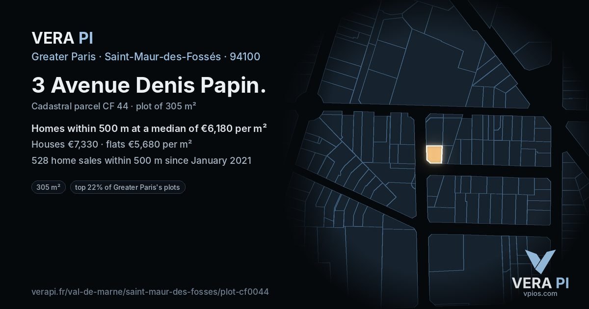 3 Avenue Denis Papin, Saint-Maur-des-Fossés at night – the plot lit, the parcels around coloured by the prices near them