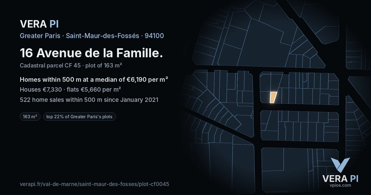 16 Avenue de la Famille, Saint-Maur-des-Fossés at night – the plot lit, the parcels around coloured by the prices near them