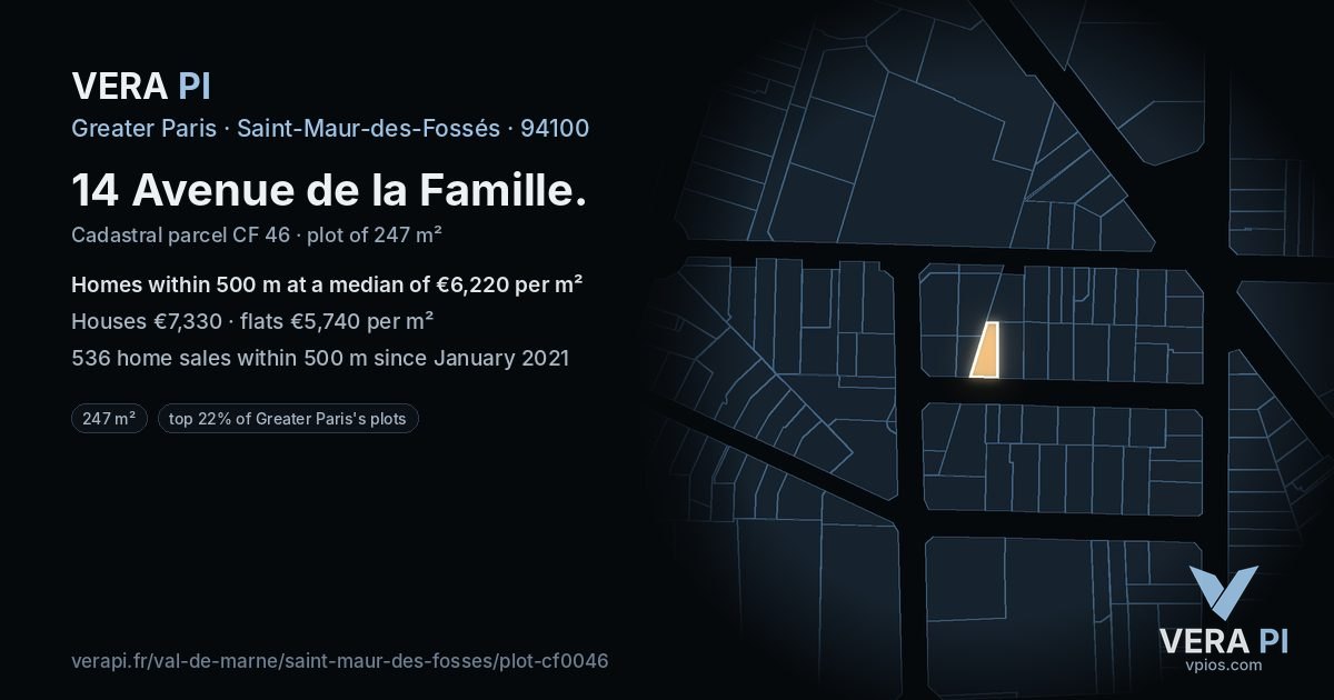 14 Avenue de la Famille, Saint-Maur-des-Fossés at night – the plot lit, the parcels around coloured by the prices near them