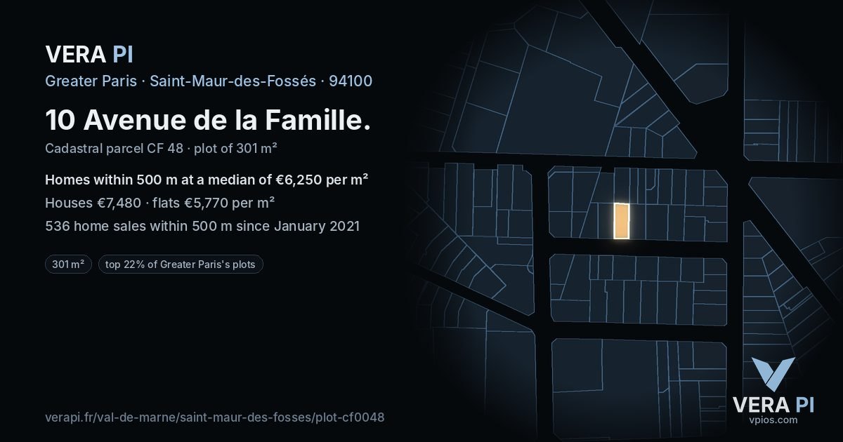 10 Avenue de la Famille, Saint-Maur-des-Fossés at night – the plot lit, the parcels around coloured by the prices near them