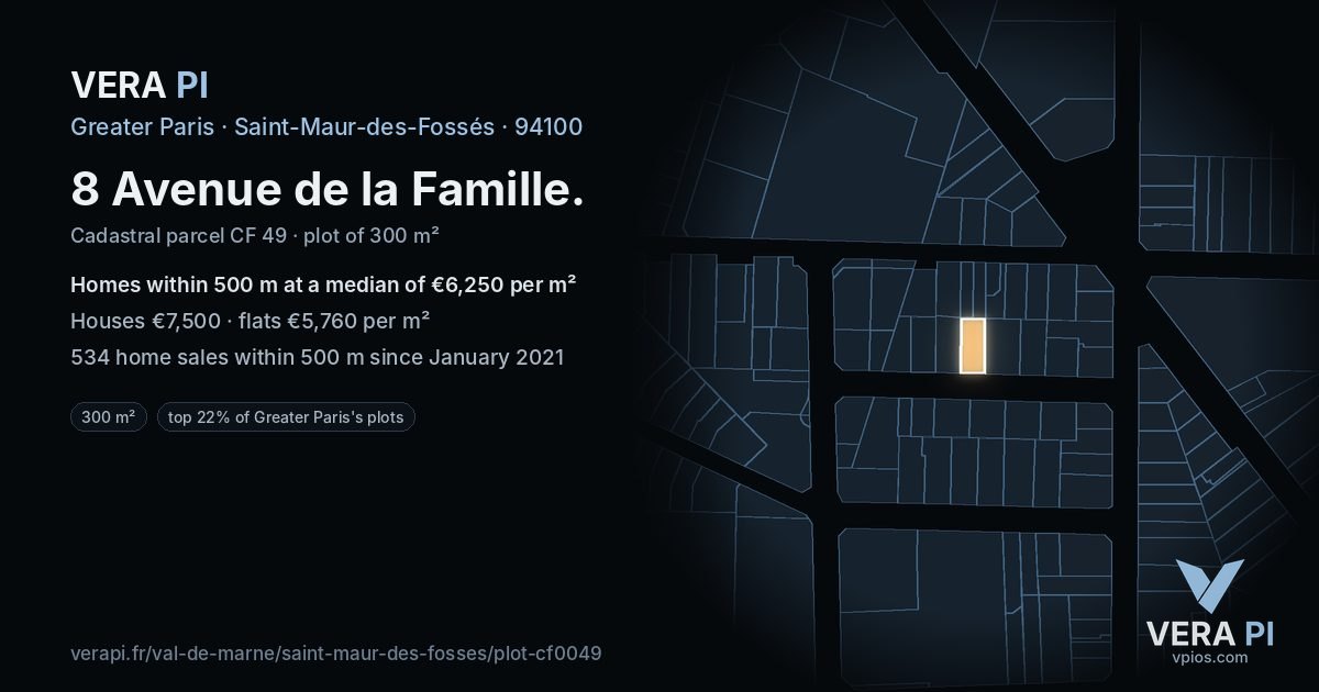 8 Avenue de la Famille, Saint-Maur-des-Fossés at night – the plot lit, the parcels around coloured by the prices near them