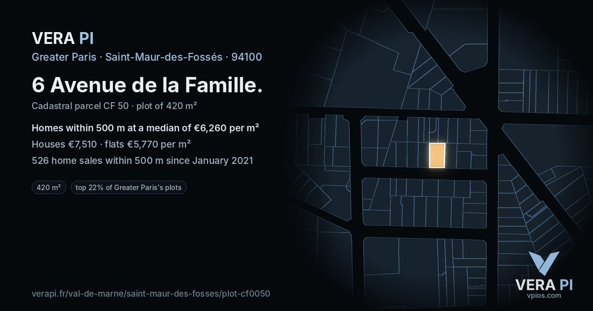 6 Avenue de la Famille, Saint-Maur-des-Fossés at night – the plot lit, the parcels around coloured by the prices near them