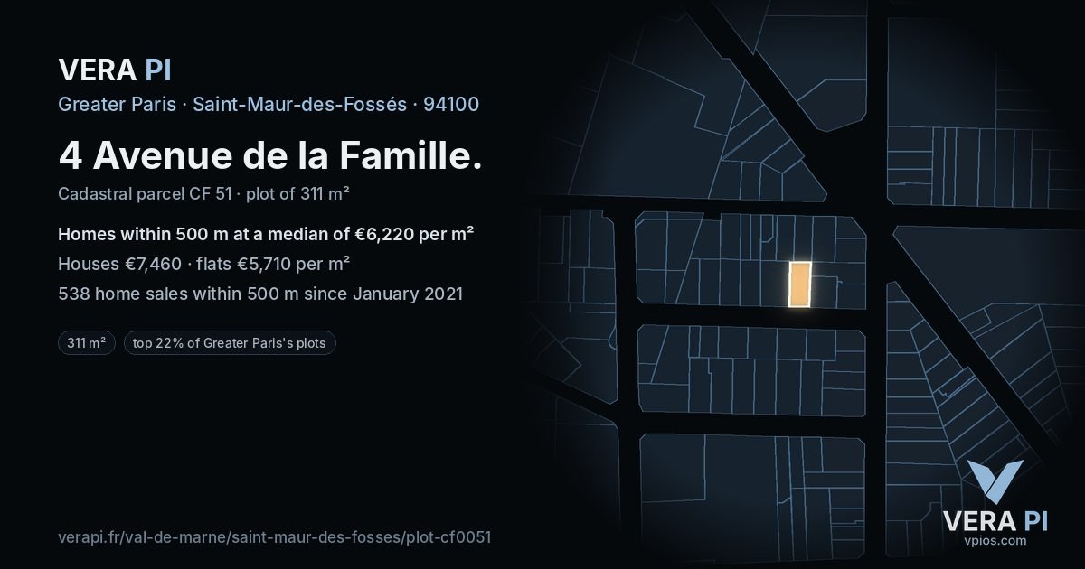 4 Avenue de la Famille, Saint-Maur-des-Fossés at night – the plot lit, the parcels around coloured by the prices near them