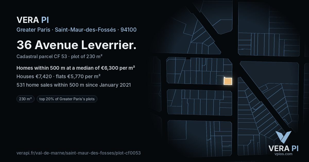 36 Avenue Leverrier, Saint-Maur-des-Fossés at night – the plot lit, the parcels around coloured by the prices near them