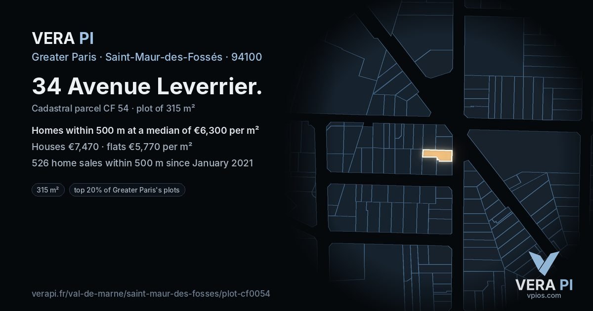 34 Avenue Leverrier, Saint-Maur-des-Fossés at night – the plot lit, the parcels around coloured by the prices near them