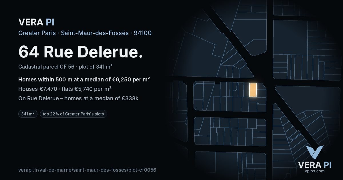 64 Rue Delerue, Saint-Maur-des-Fossés at night – the plot lit, the parcels around coloured by the prices near them