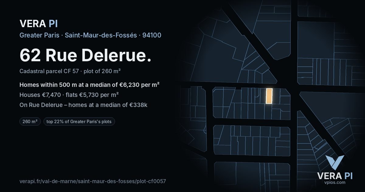 62 Rue Delerue, Saint-Maur-des-Fossés at night – the plot lit, the parcels around coloured by the prices near them