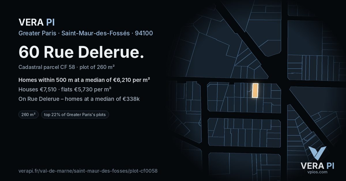 60 Rue Delerue, Saint-Maur-des-Fossés at night – the plot lit, the parcels around coloured by the prices near them