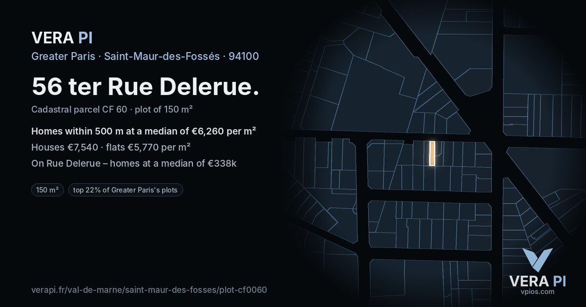 56 ter Rue Delerue, Saint-Maur-des-Fossés at night – the plot lit, the parcels around coloured by the prices near them