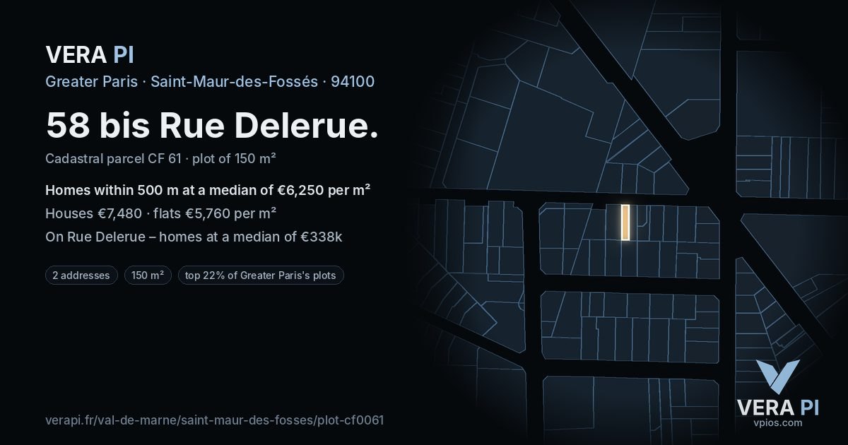 58 bis Rue Delerue, Saint-Maur-des-Fossés at night – the plot lit, the parcels around coloured by the prices near them