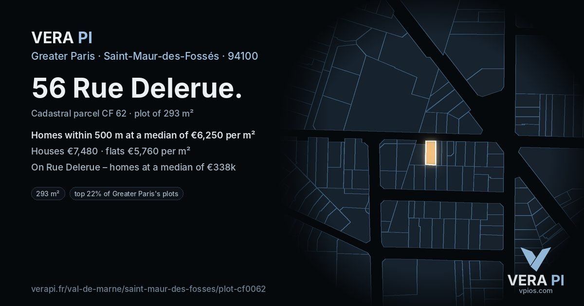 56 Rue Delerue, Saint-Maur-des-Fossés at night – the plot lit, the parcels around coloured by the prices near them