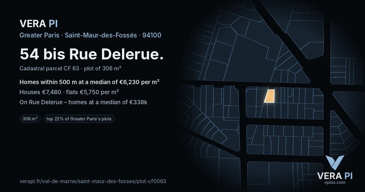 54 bis Rue Delerue, Saint-Maur-des-Fossés at night – the plot lit, the parcels around coloured by the prices near them
