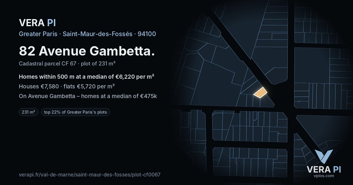 82 Avenue Gambetta, Saint-Maur-des-Fossés at night – the plot lit, the parcels around coloured by the prices near them
