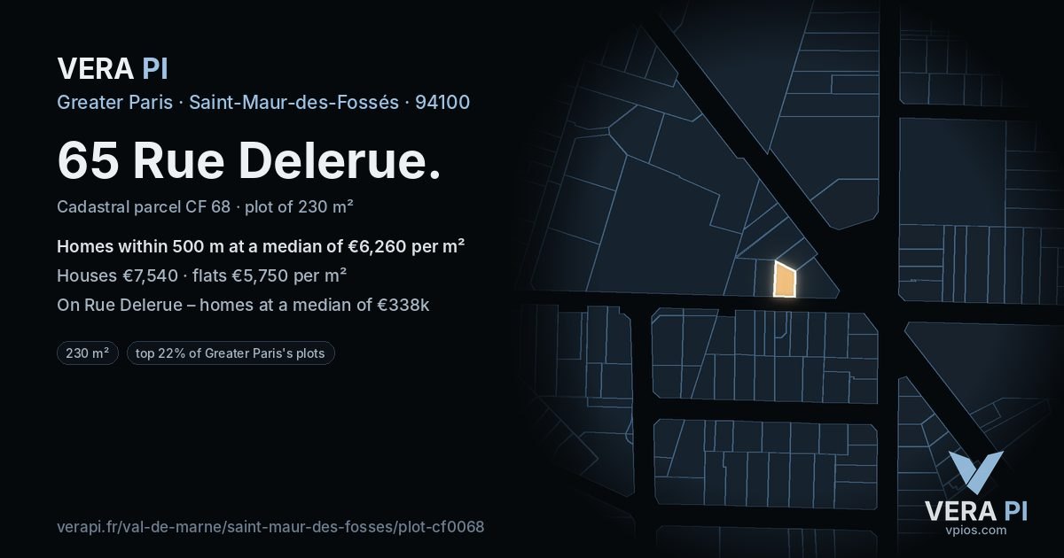 65 Rue Delerue, Saint-Maur-des-Fossés at night – the plot lit, the parcels around coloured by the prices near them