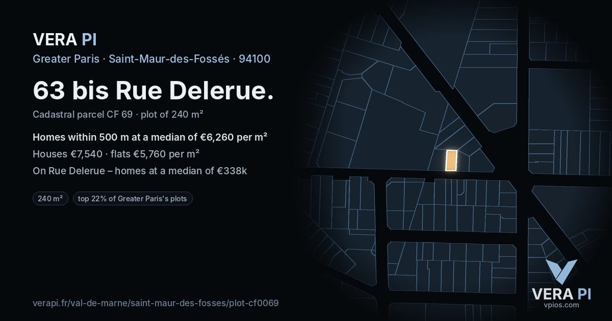 63 bis Rue Delerue, Saint-Maur-des-Fossés at night – the plot lit, the parcels around coloured by the prices near them