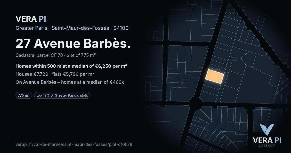 27 Avenue Barbès, Saint-Maur-des-Fossés at night – the plot lit, the parcels around coloured by the prices near them
