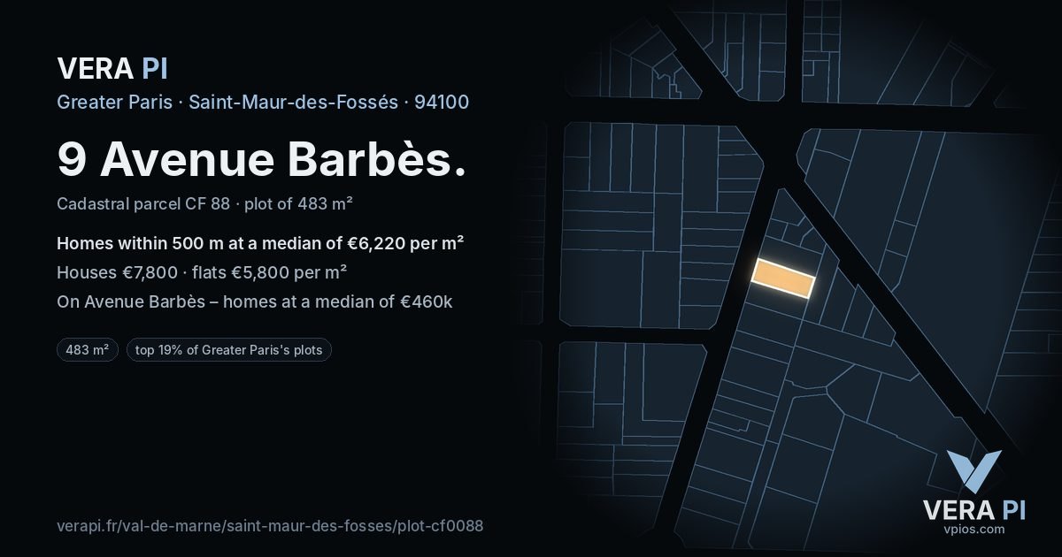 9 Avenue Barbès, Saint-Maur-des-Fossés at night – the plot lit, the parcels around coloured by the prices near them