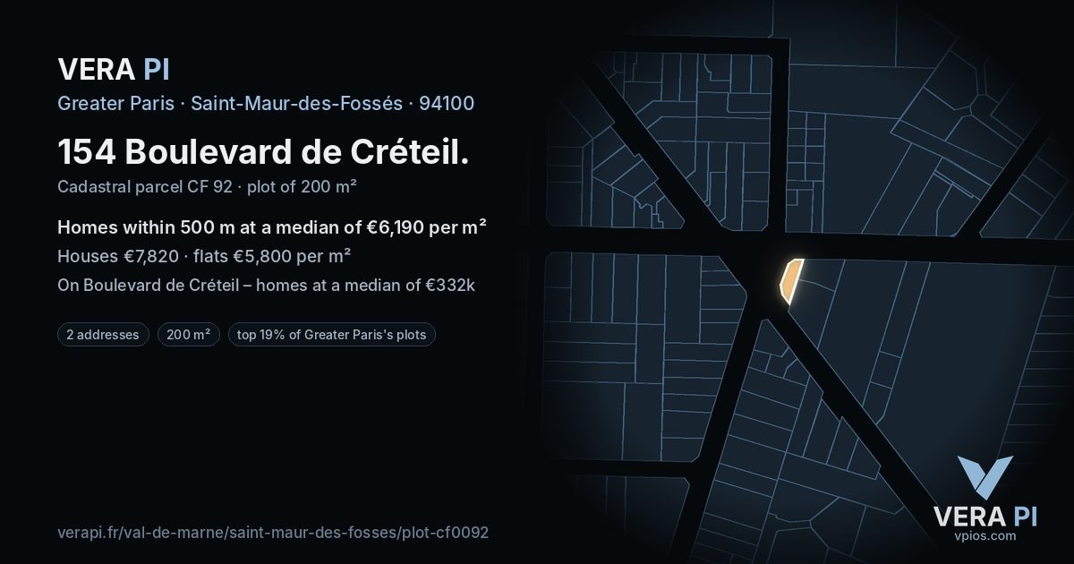 154 Boulevard de Créteil, Saint-Maur-des-Fossés at night – the plot lit, the parcels around coloured by the prices near them