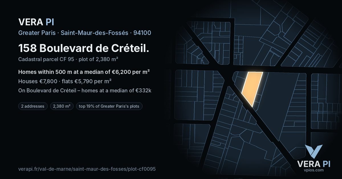 158 Boulevard de Créteil, Saint-Maur-des-Fossés at night – the plot lit, the parcels around coloured by the prices near them