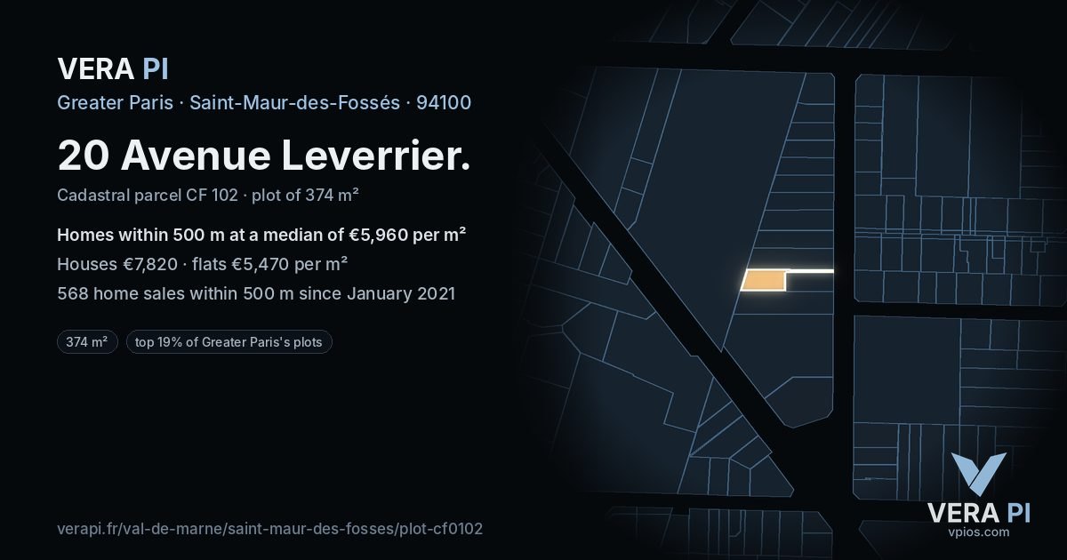 20 Avenue Leverrier, Saint-Maur-des-Fossés at night – the plot lit, the parcels around coloured by the prices near them