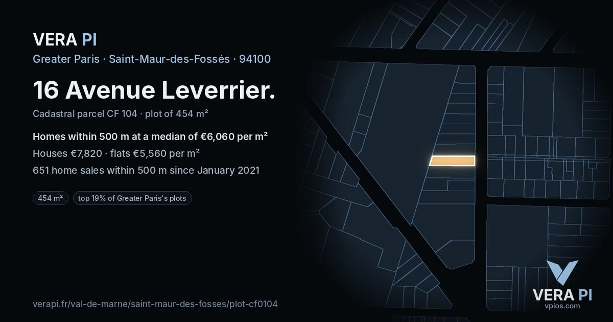 16 Avenue Leverrier, Saint-Maur-des-Fossés at night – the plot lit, the parcels around coloured by the prices near them