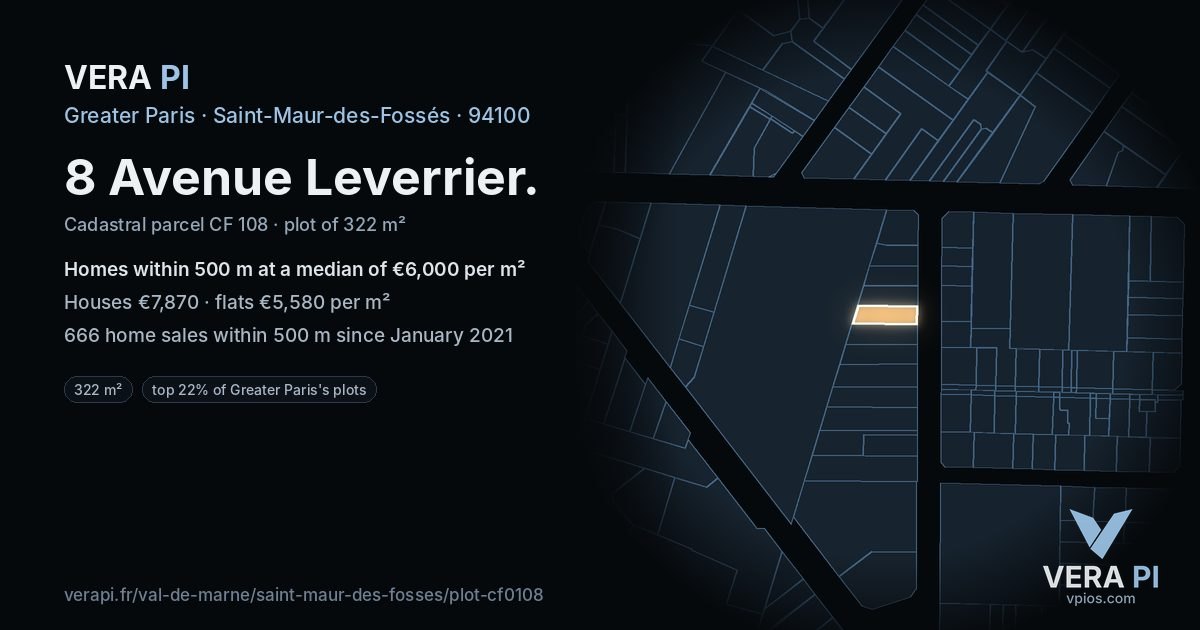 8 Avenue Leverrier, Saint-Maur-des-Fossés at night – the plot lit, the parcels around coloured by the prices near them