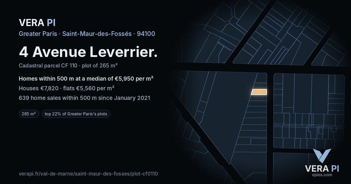 4 Avenue Leverrier, Saint-Maur-des-Fossés at night – the plot lit, the parcels around coloured by the prices near them