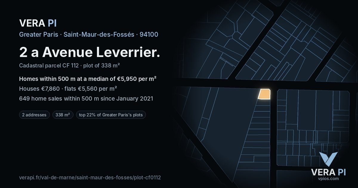 2 a Avenue Leverrier, Saint-Maur-des-Fossés at night – the plot lit, the parcels around coloured by the prices near them