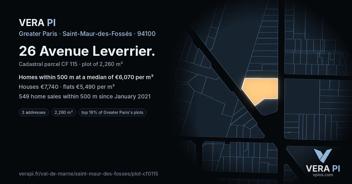 26 Avenue Leverrier, Saint-Maur-des-Fossés at night – the plot lit, the parcels around coloured by the prices near them