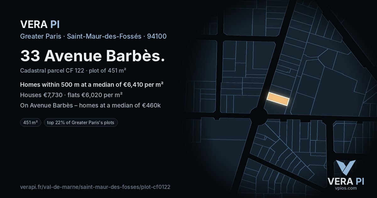 33 Avenue Barbès, Saint-Maur-des-Fossés at night – the plot lit, the parcels around coloured by the prices near them