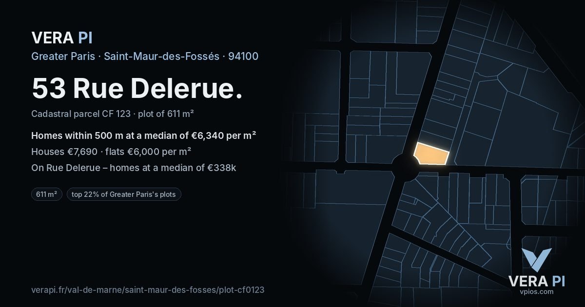 53 Rue Delerue, Saint-Maur-des-Fossés at night – the plot lit, the parcels around coloured by the prices near them
