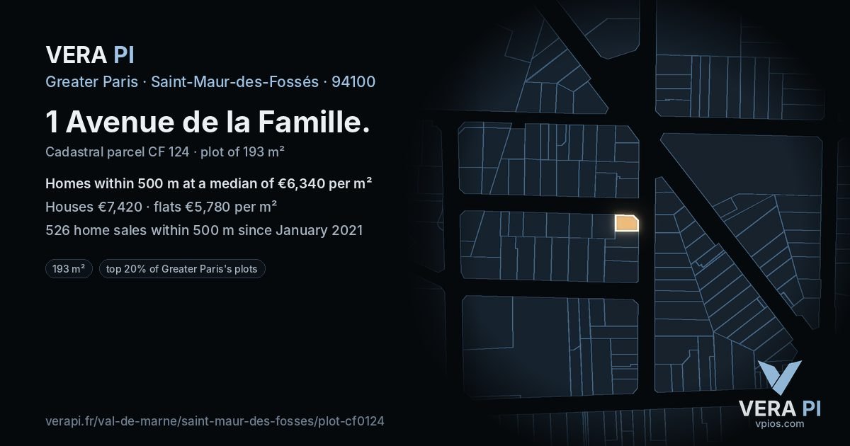 1 Avenue de la Famille, Saint-Maur-des-Fossés at night – the plot lit, the parcels around coloured by the prices near them