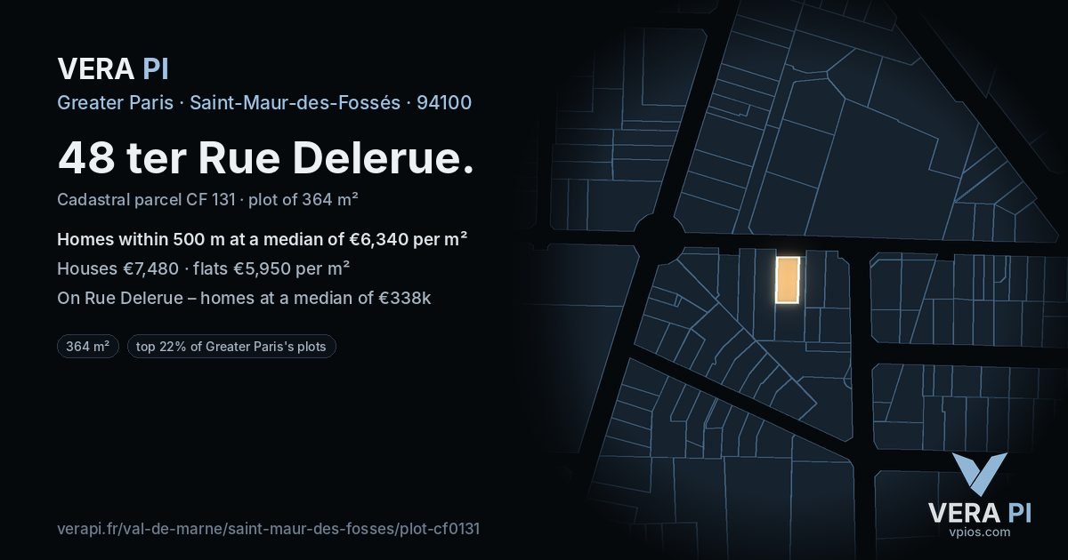 48 ter Rue Delerue, Saint-Maur-des-Fossés at night – the plot lit, the parcels around coloured by the prices near them