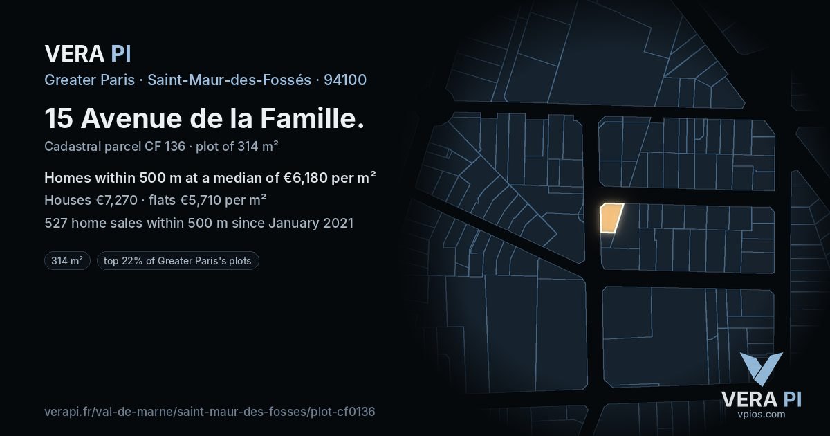 15 Avenue de la Famille, Saint-Maur-des-Fossés at night – the plot lit, the parcels around coloured by the prices near them