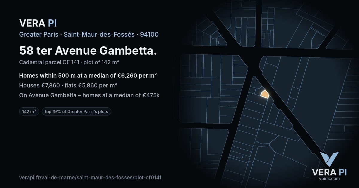 58 ter Avenue Gambetta, Saint-Maur-des-Fossés at night – the plot lit, the parcels around coloured by the prices near them
