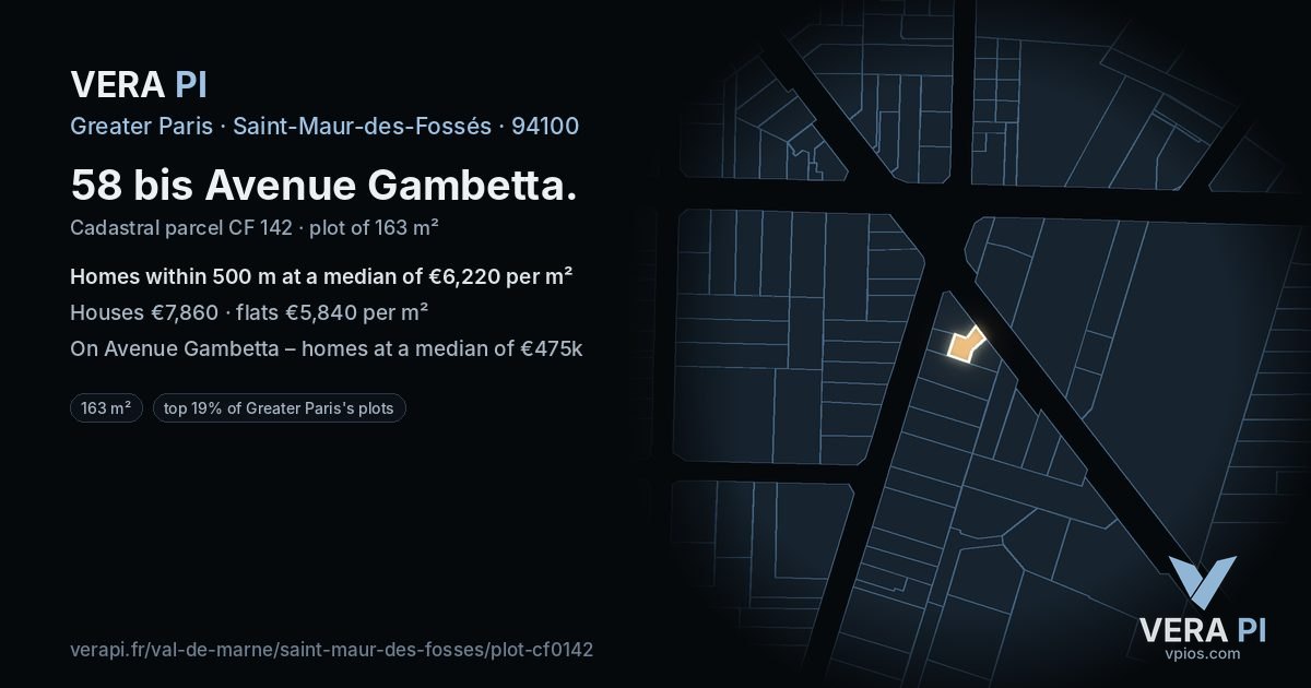 58 bis Avenue Gambetta, Saint-Maur-des-Fossés at night – the plot lit, the parcels around coloured by the prices near them
