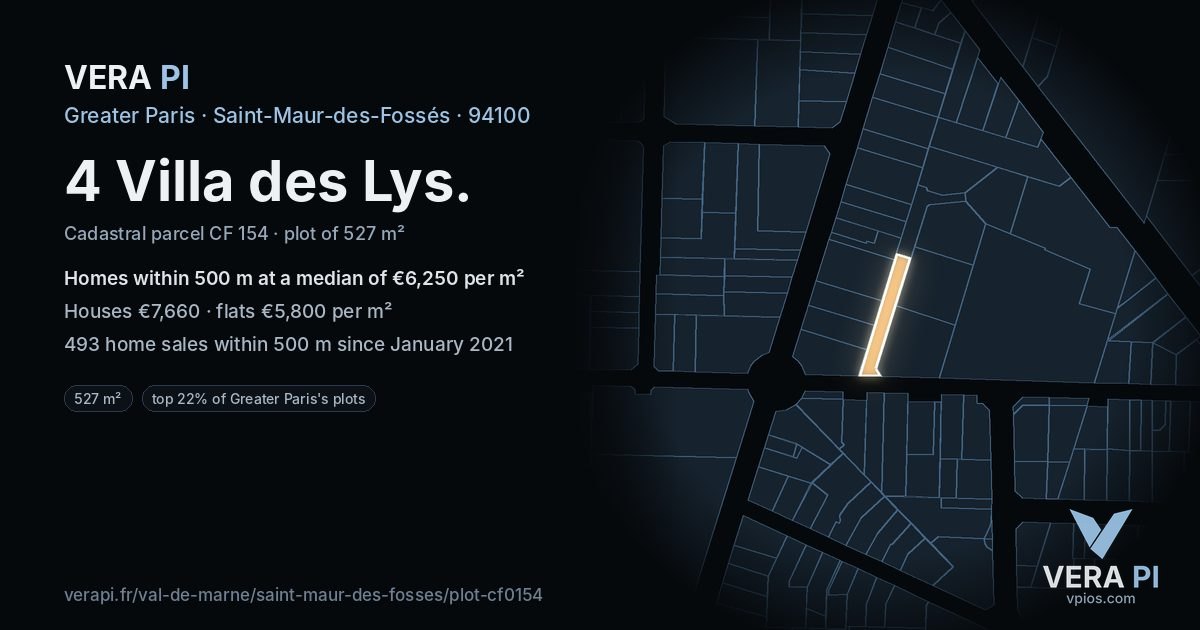 4 Villa des Lys, Saint-Maur-des-Fossés at night – the plot lit, the parcels around coloured by the prices near them