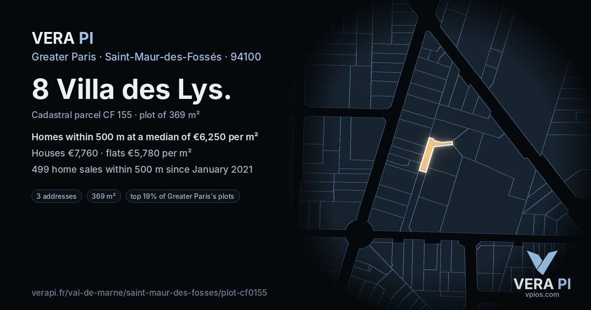 8 Villa des Lys, Saint-Maur-des-Fossés at night – the plot lit, the parcels around coloured by the prices near them