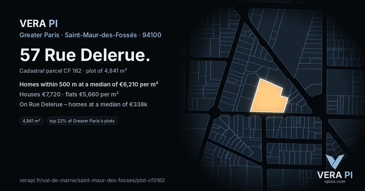 57 Rue Delerue, Saint-Maur-des-Fossés at night – the plot lit, the parcels around coloured by the prices near them
