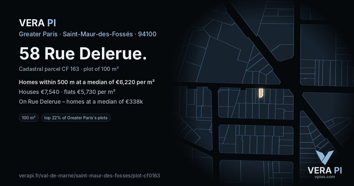 58 Rue Delerue, Saint-Maur-des-Fossés at night – the plot lit, the parcels around coloured by the prices near them