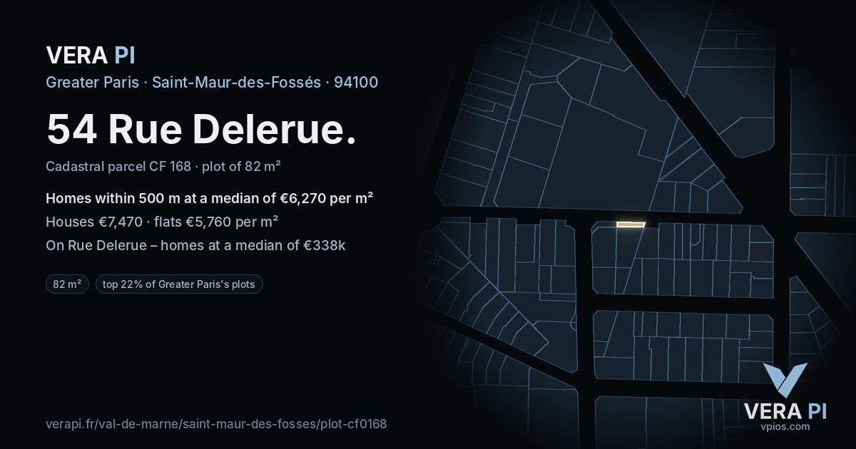 54 Rue Delerue, Saint-Maur-des-Fossés at night – the plot lit, the parcels around coloured by the prices near them