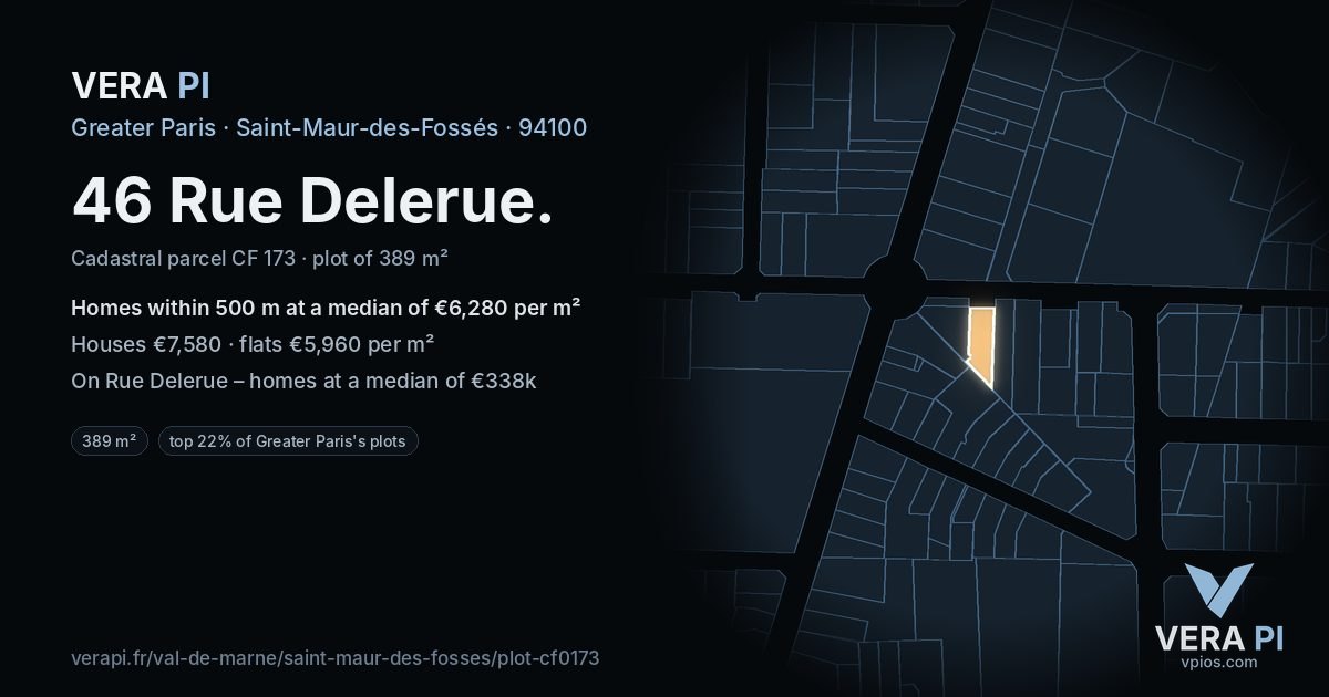 46 Rue Delerue, Saint-Maur-des-Fossés at night – the plot lit, the parcels around coloured by the prices near them