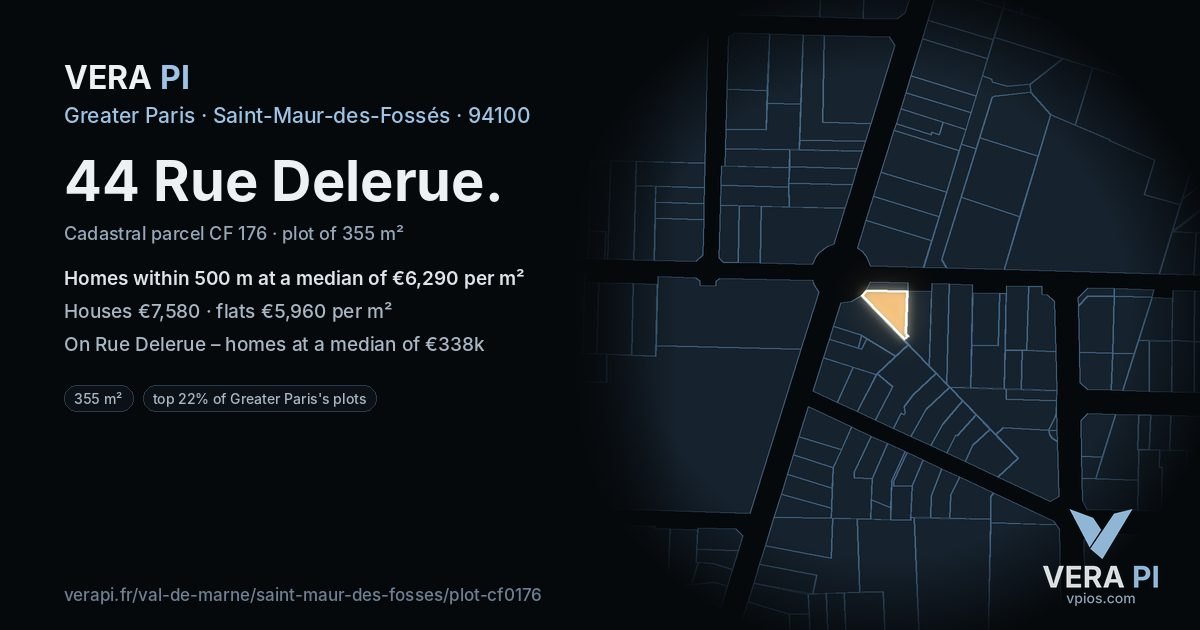 44 Rue Delerue, Saint-Maur-des-Fossés at night – the plot lit, the parcels around coloured by the prices near them