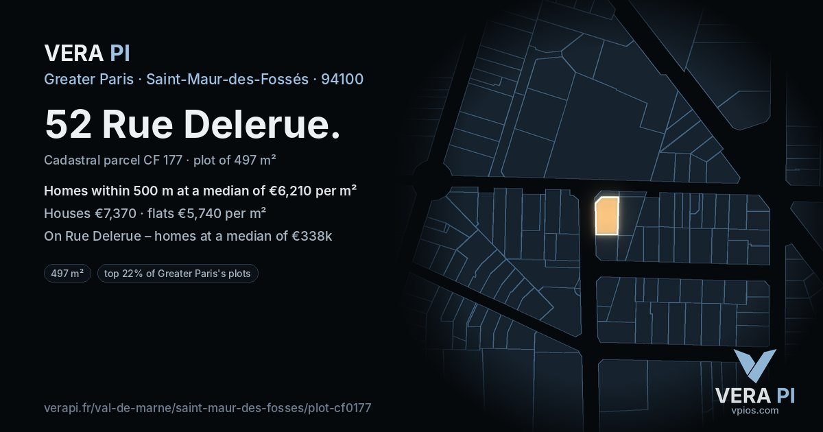 52 Rue Delerue, Saint-Maur-des-Fossés at night – the plot lit, the parcels around coloured by the prices near them