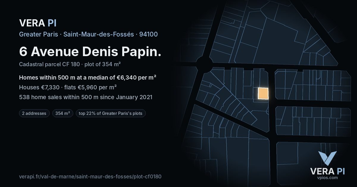 6 Avenue Denis Papin, Saint-Maur-des-Fossés at night – the plot lit, the parcels around coloured by the prices near them