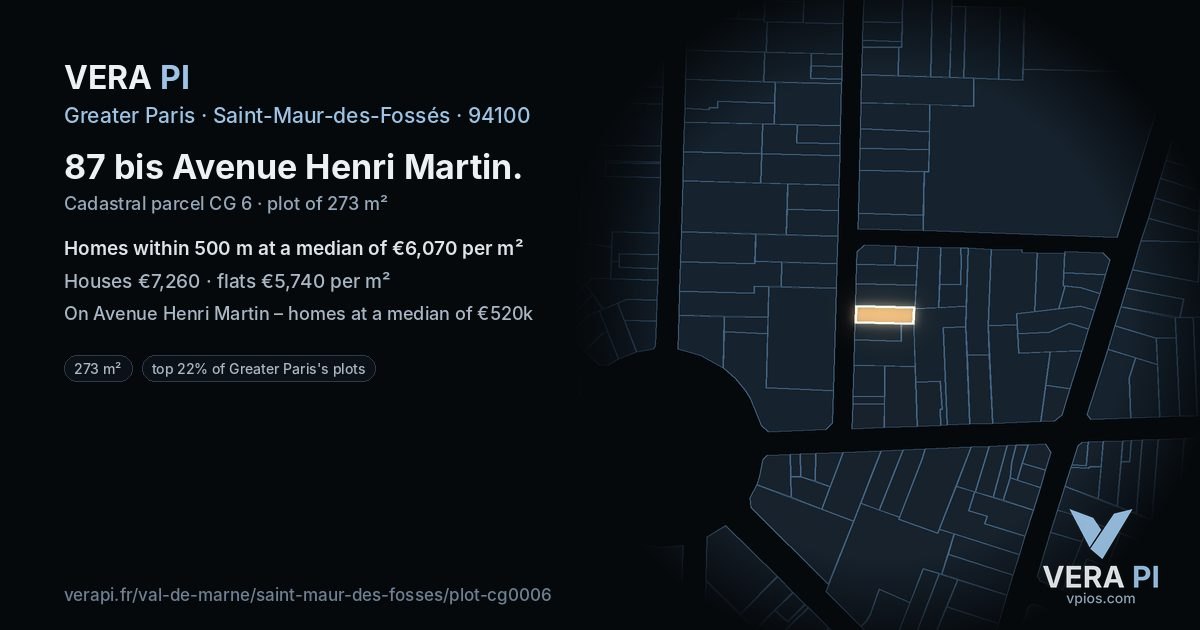 87 bis Avenue Henri Martin, Saint-Maur-des-Fossés at night – the plot lit, the parcels around coloured by the prices near them